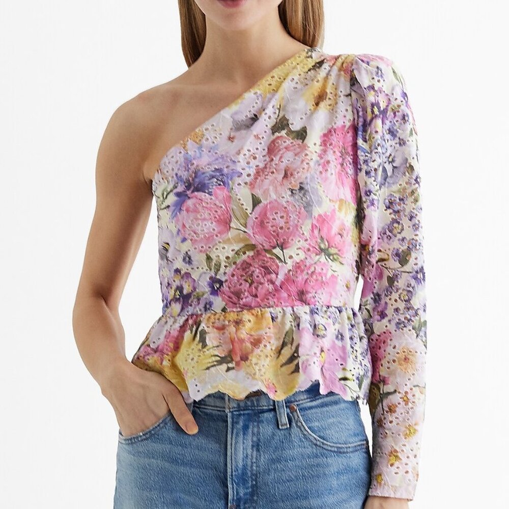 NWT Express Eyelet Pastel Floral Gathered One Shoulder Peplum Top SZ 4 $88